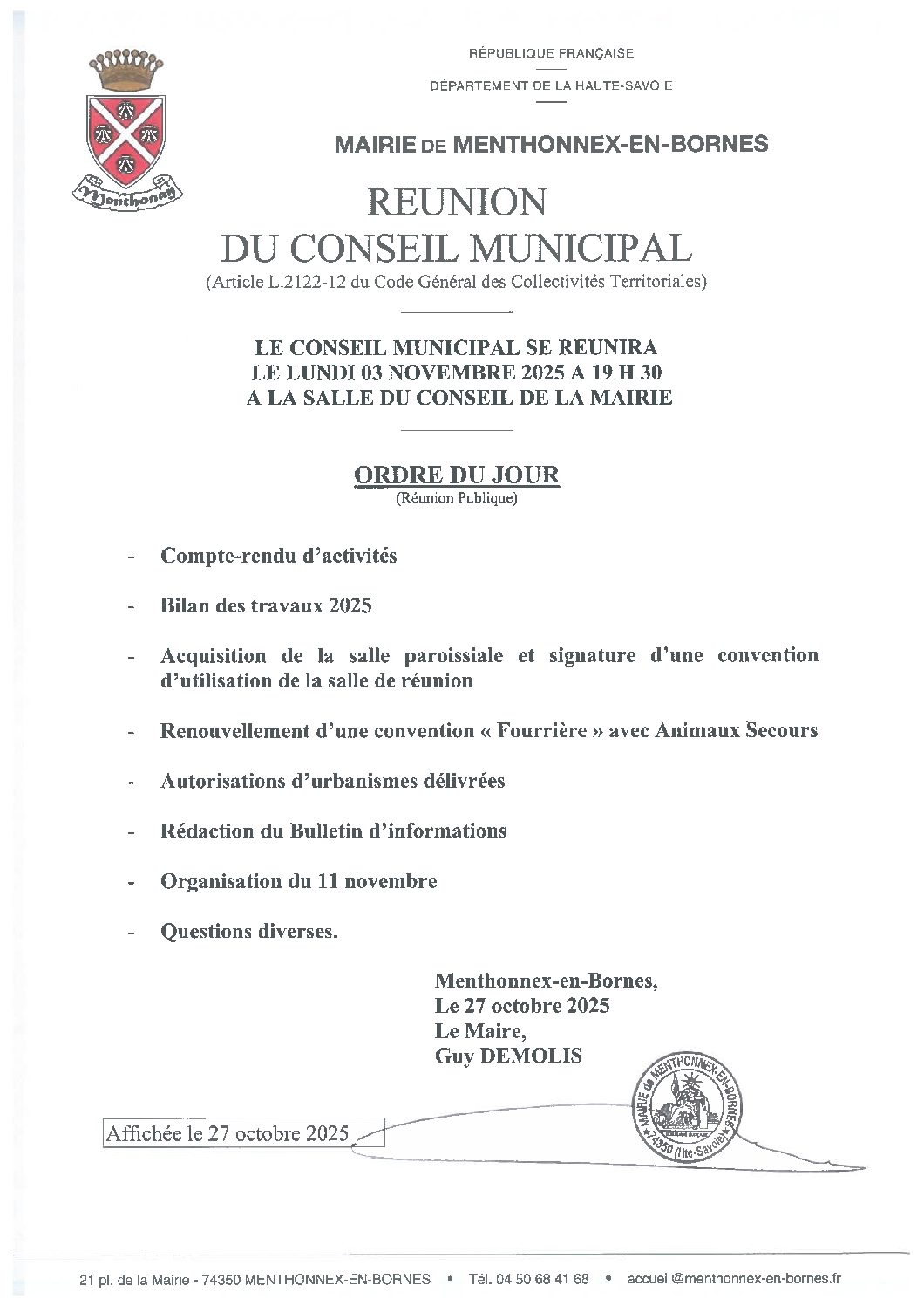 Ordre du jour du conseil municipal du 3 novembre 2025