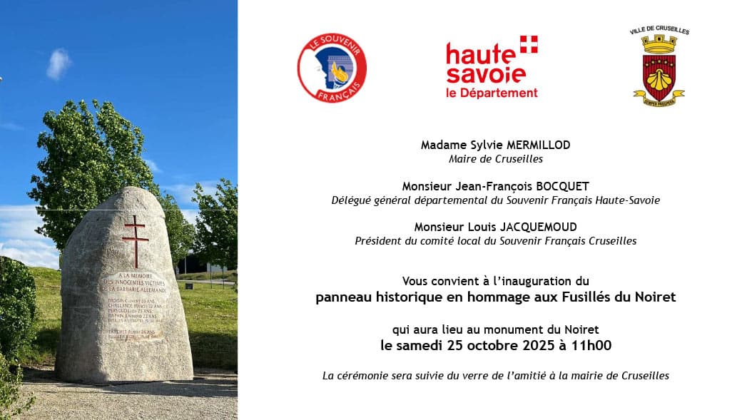Invitation à l'inauguration du panneau historique des Fusillés du Noiret le samedi 25 octobre 2025 à 11h00.