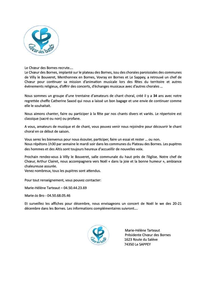 Le Choeur des Bornes recrute