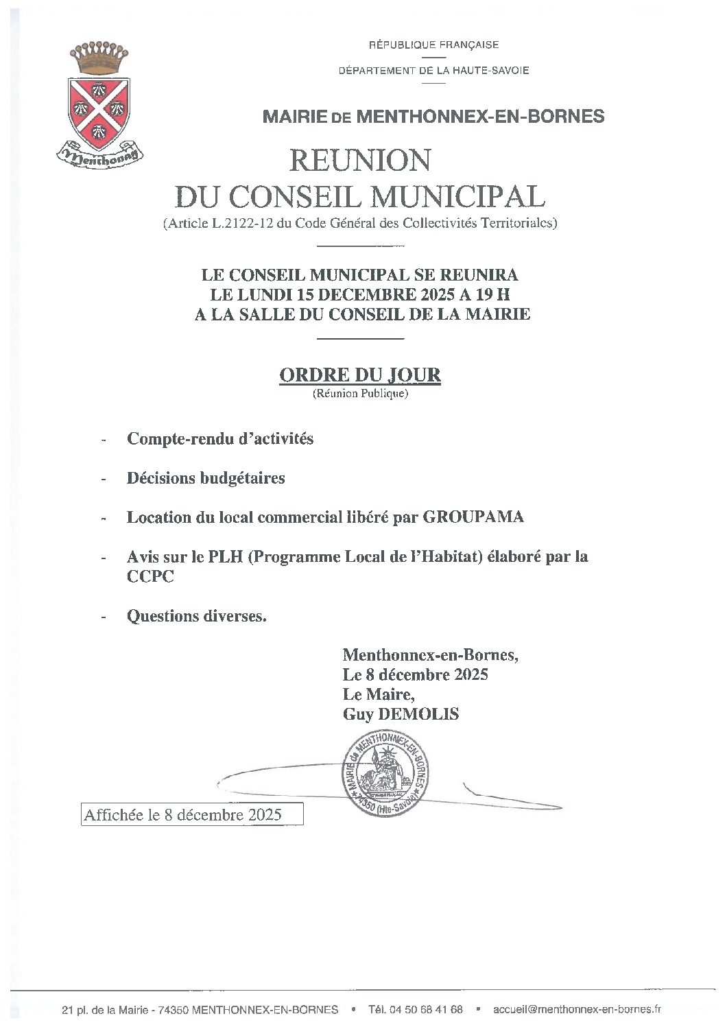 Ordre du jour du conseil municipal du 15 décembre 2025