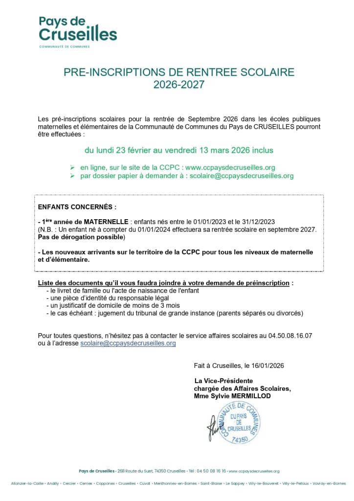 Note d'information concernant les préinscriptions scolaires 2026-2027