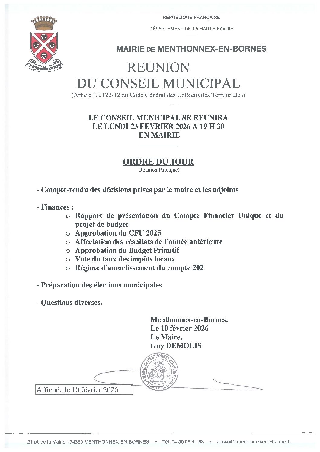 Ordre du jour du conseil municipal du 23 février 2026.