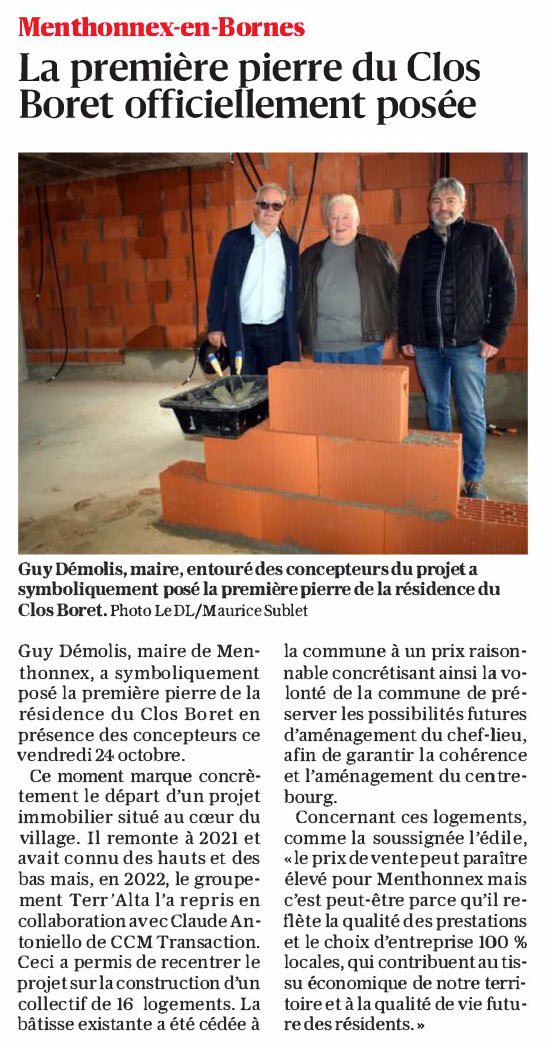 Première pierre du Clos Boret dans le Dauphin Libéré du 27 octobre 2025
