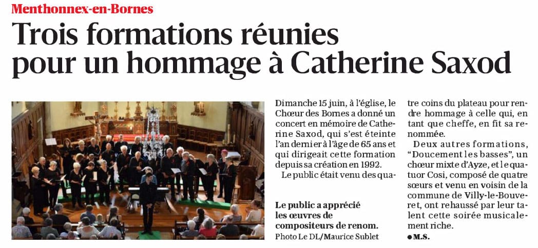 Trois formations réunies pour un hommage à Catherinea Saxod dans le Dauphiné Libéré du 18 juin 2025